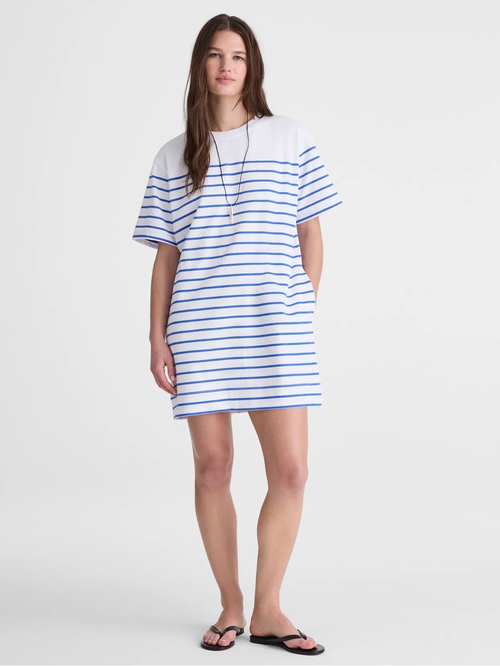 MADEWELL Mini Tshirt Dress Medium White Blue Stripe Pockets Crewneck Cotton 90s